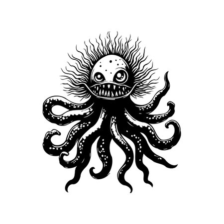 A cartoon-style octopus illustration in black and white, featuring a creepy smile and wearing a mask, creating a bizarre and whimsical image.のイラスト素材