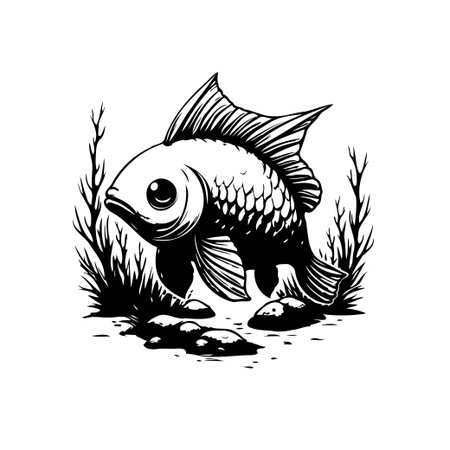 Black and white illustration of a stylized fish with algae, perfect for designs related to aquariums, nature, or cartoon illustrations. Simple, appealing and eye catching.のイラスト素材
