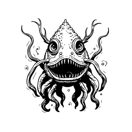 A whimsical monster illustration features large, expressive eyes, tentacles, and sharp teeth, rendered in a black and white drawing style, perfect for fantasy themed designs.のイラスト素材