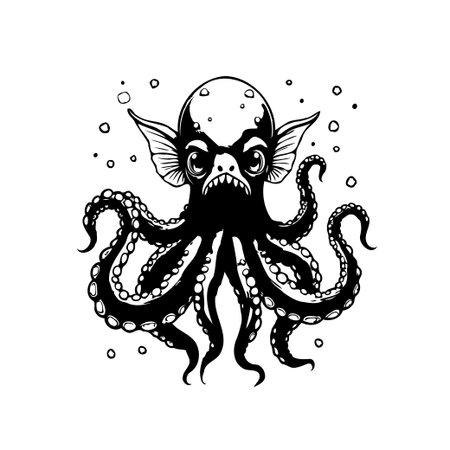 This bizarre illustration features a unique octopus creature with bulging eyes, rendered in a striking black and white style. Ideal for creative projects.のイラスト素材