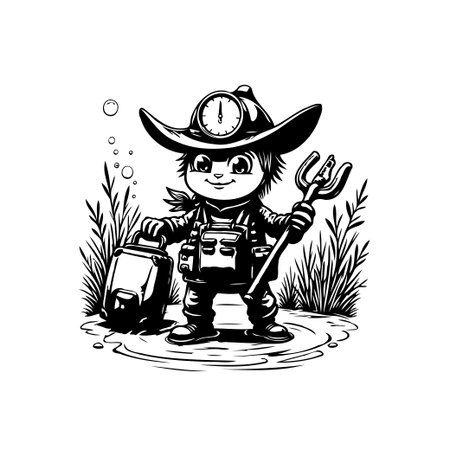 A delightful black and white cartoon illustration of a charming character in cowboy hat, holding diving tools, standing near grass, in the water, exuding playful whimsy.のイラスト素材