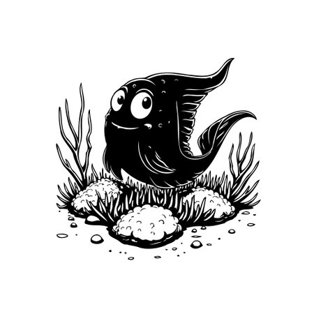 A cute cartoon fish swims above coral in a black and white illustration. Perfect for children's books, posters, and nature-themed designs.のイラスト素材