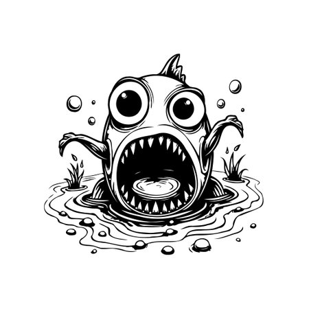 A black and white cartoon drawing of a piranha. The fish is submerged in water with its mouth open wide, revealing sharp teeth. Bubbles and splashes surround the piranha, creating an alarming scene.のイラスト素材