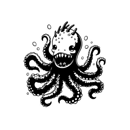 Creepy yet cute octopus illustration, ideal for printing stickers, t-shirts, and other design projects. Black and white vector design with funny facial expression and long tentacles.のイラスト素材