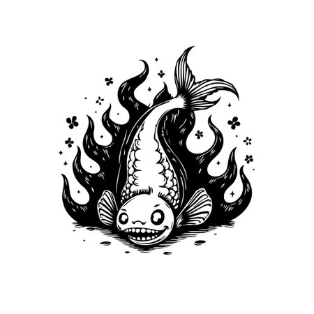 This illustration features a whimsical fish with a playful expression, engulfed in stylized black flames, creating a unique and dark aesthetic. It suggests a fantasy or cartoonish design.のイラスト素材