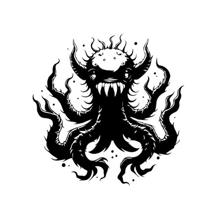 A black and white vector illustration of a spooky monster with tentacles and sharp teeth, perfect for fantasy themed projects.のイラスト素材