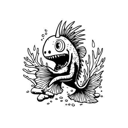 A whimsical illustration featuring a cartoonish sea monster surrounded by aquatic elements like coral and bubbles, rendered in a black and white line art style.のイラスト素材