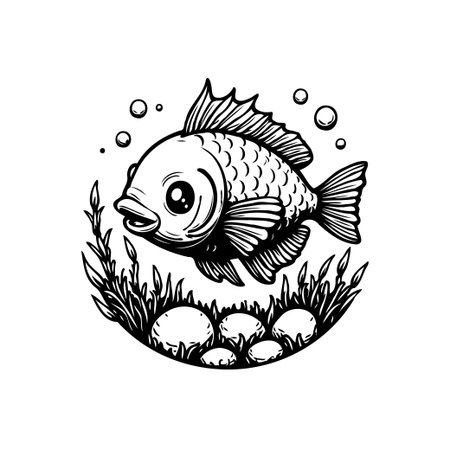 A charming black and white cartoon illustration of a cute fish surrounded by seaweed and bubbles, perfect for children's books and playful designs.のイラスト素材