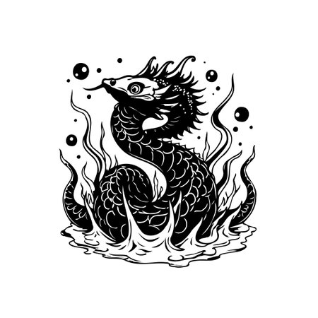 A stylized serpent artwork exhibiting mythical symbolism within swirling flames and bubbles providing captivating monochrome illustration with a vintage aesthetic and artistic design.のイラスト素材