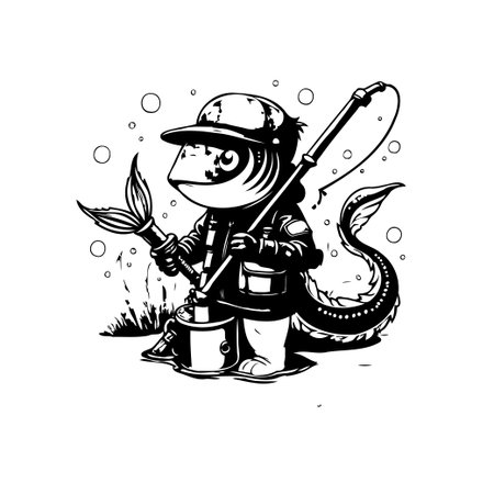 A charming monochrome illustration depicts a whimsical fish-human hybrid character engaging in fishing, rendered in a stylized cartoon format suitable for children's content.のイラスト素材