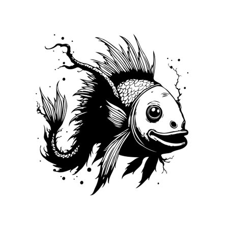 An intricate black and white drawing of a fish with elaborate fins and scales. This artistic illustration is perfect for adding a unique and whimsical touch to any design.のイラスト素材