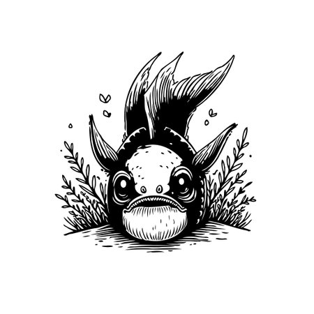 A black and white illustration of a whimsical fish with big eyes surrounded by seaweed and bubbles, perfect for adding a touch of playful nature to any project.のイラスト素材