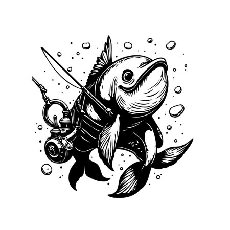 A funny cartoon fish dressed as a vintage diver with an old-fashioned diving suit and fishing rod underwater illustration.のイラスト素材