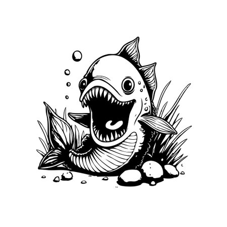 A cartoon fish with exaggerated features and an open mouth. Black and white illustration style, perfect for children's books and other illustrations.のイラスト素材