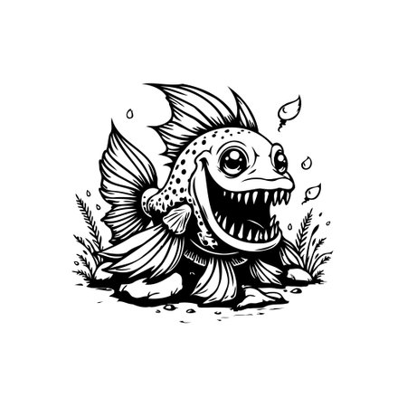 A playful cartoon fish with exaggerated features grins widely, showcasing sharp teeth, is presented in a black-and-white illustration style. This unique character blends cartoon elements with a touch of whimsy.のイラスト素材