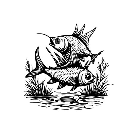This is a black and white artistic illustration of two fish swimming in an aquatic environment. The artwork is detailed and graphic, suitable for use in various design projects.のイラスト素材