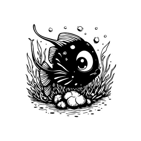 A charming black and white illustration of a cartoon fish underwater. The design features a whimsical style with bubbles, stones, and algae, evoking an ocean theme.のイラスト素材