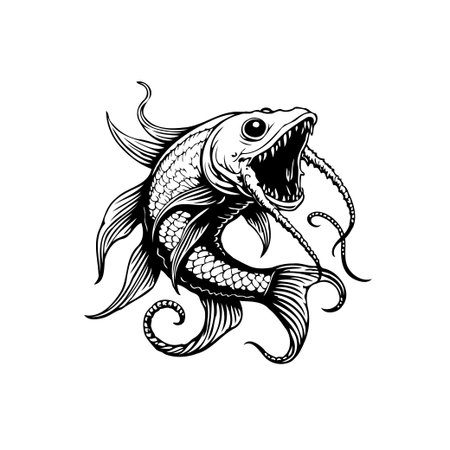 This black and white illustration depicts a detailed fish with scales and sharp teeth, suitable for designs, tattoos or decorative artのイラスト素材