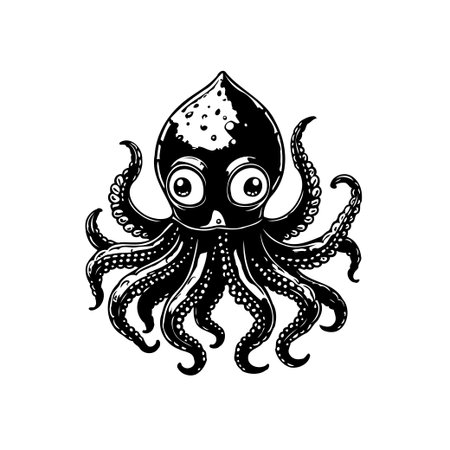 This image features a detailed black and white illustration of an octopus, capturing the essence of marine life with its intricate tentacles and expressive eyes, creating an engaging visual experience.のイラスト素材
