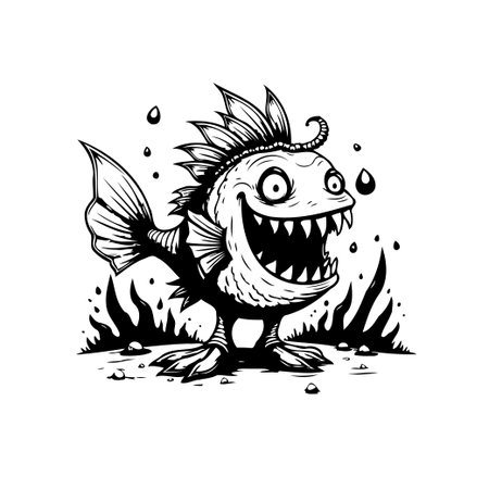 A black and white cartoon illustration depicts a scary fish with big teeth and crazy eyes standing. It's a funny, comical drawing suitable for various creative projectsのイラスト素材
