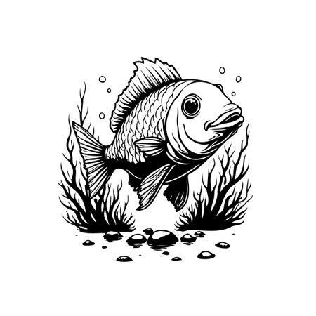 A detailed monochrome drawing shows a fish swimming near aquatic plants and pebbles. The simple design uses black and white to create a captivating image of marine life.のイラスト素材