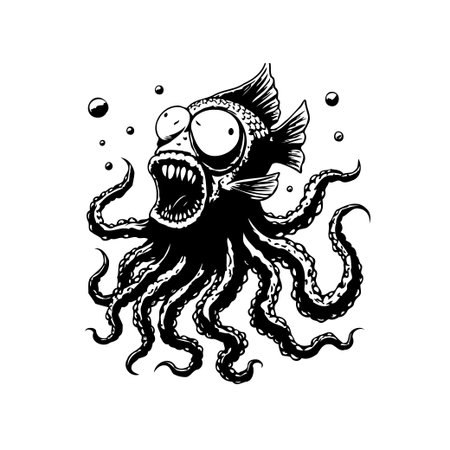A bizarre cartoon drawing featuring a fish-octopus hybrid, a weird and unique creature. Perfect for fantasy-themed projects, animal lovers, or spooky designs.のイラスト素材