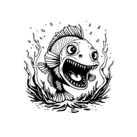 A whimsical black and white cartoon illustration presents an expressive fish character, mouth wide open with seaweed. Ideal for creative projects with a playful touch.のイラスト素材