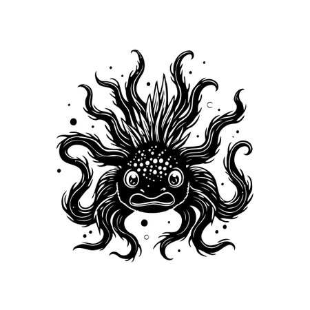 A black and white cartoonish illustration of a tentacled creature. Perfect for Halloween or children's illustrations. Its cute facial expression adds to its charm.のイラスト素材