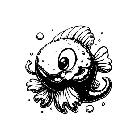 This adorable black and white cartoon fish illustration features a cute smile and bubbly details. It's perfect for children's books, educational materials, or whimsical designs.のイラスト素材