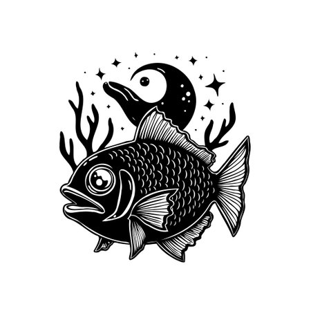 This monochrome artwork features a fish accompanied by celestial elements such as moon and stars, along with swaying seaweed. The style is vintage and artistic, creating a serene and whimsical scene.のイラスト素材