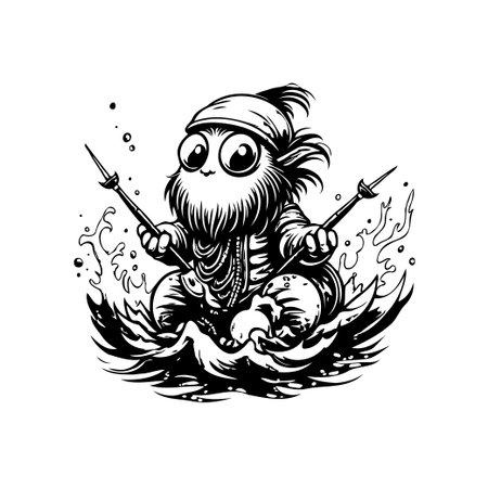 A whimsical black and white line art illustration depicts a cartoonish character paddling a boat through stylized waves. The image evokes a sense of adventure and fantasy.のイラスト素材