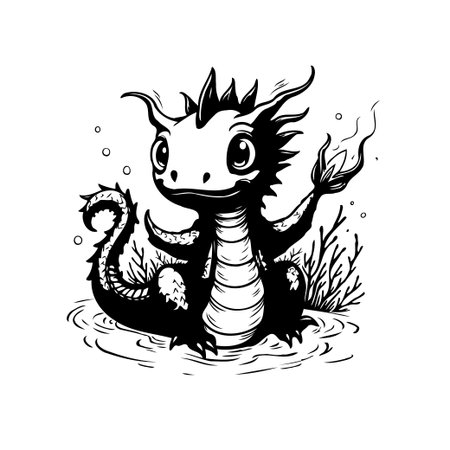A cute, black and white illustration of a baby dragon sitting in water, holding fire, creating a whimsical and enchanting scene with artistic details.のイラスト素材