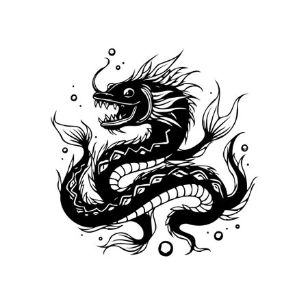 A striking black and white illustration of a mythical dragon coils gracefully. Its features blend fierce power with a touch of serene fantasy, perfect for a tattoo or decorative graphic.のイラスト素材
