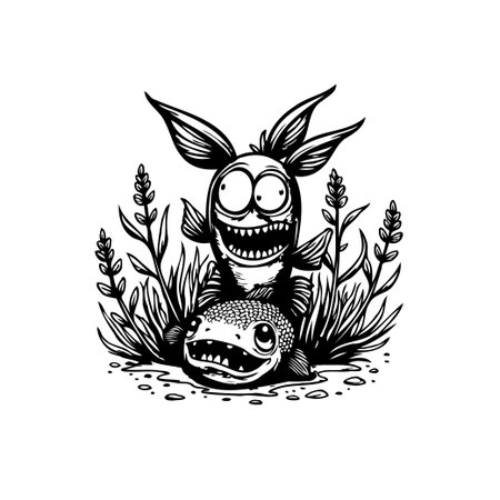 A black and white illustration features two cartoon fish characters with exaggerated features and expressions, set amidst stylized aquatic plants and seabed details.のイラスト素材