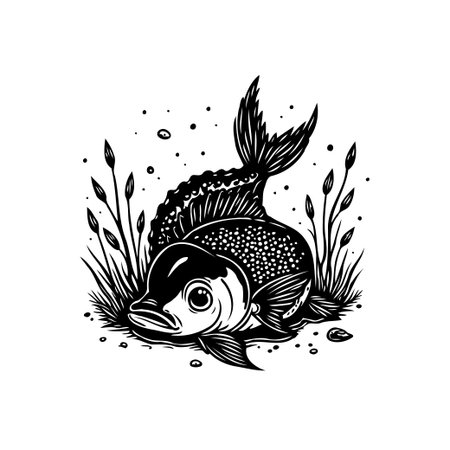 A captivating monochrome illustration showcases a fish peacefully resting amidst aquatic plants. The simple yet stylized design makes it an eye-catching artistic representation of nature.のイラスト素材