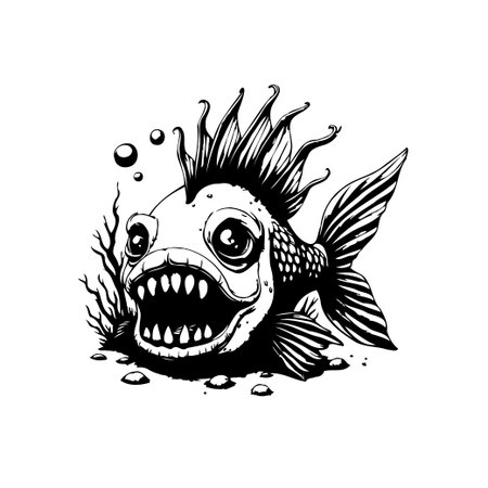 A whimsical cartoon fish with spiky fins, big eyes, and a toothy grin, creating a playful aquatic scene. Isolated on a white background, perfect for various creative projects.のイラスト素材