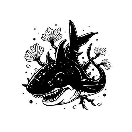 A striking black and white illustration showcases a shark gracefully adorned with delicate flowers. The contrast between the powerful predator and gentle blooms creates a visually captivating and unique artwork.のイラスト素材