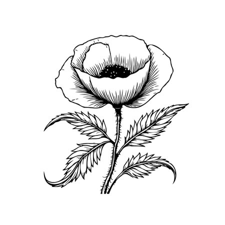 A beautifully detailed monochrome illustration of a poppy flower. The artwork showcases intricate line work and delicate shading, creating a vintage yet elegant aesthetic.のイラスト素材