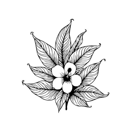 A delicate line art illustration of a flower surrounded by leaves. The simple yet elegant design makes it perfect for botanical themes.のイラスト素材
