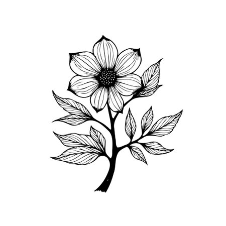 A detailed botanical illustration features a flowering plant with delicate leaves. The artwork captures the essence of nature's beauty in a minimalist style.のイラスト素材