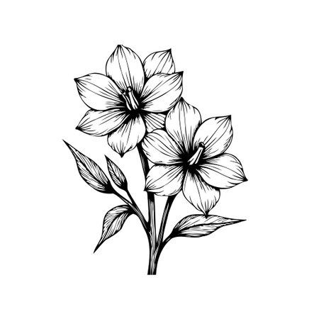 An elegant botanical illustration showcases a delicate floral arrangement with intricate petals and leaves. Perfect for artistic projects seeking a touch of nature's beauty.のイラスト素材