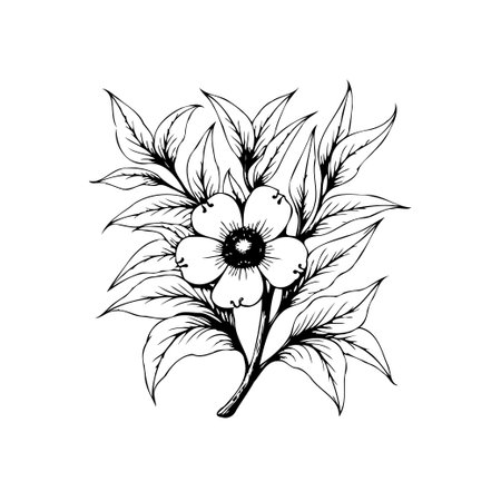 A black and white floral illustration showcases a blooming flower with delicate leaves, embodying natural beauty and graceful elegance, creating a timeless aesthetic.のイラスト素材