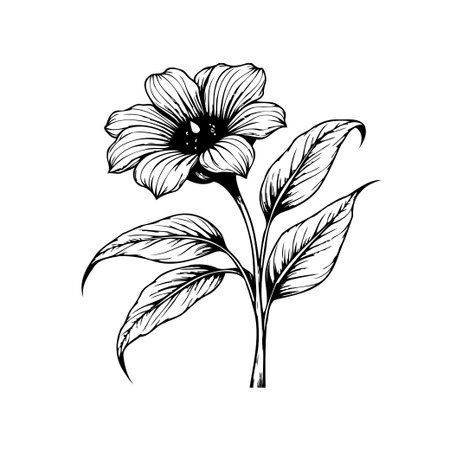 This image showcases a detailed black and white floral illustration. The intricate line work and shading highlight the flower's delicate petals and leaves, perfect for botanical designs.のイラスト素材