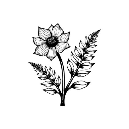 A beautiful monochrome illustration features a blooming flower and fern leaves. The design is simple yet elegant, perfect for various creative projects.のイラスト素材