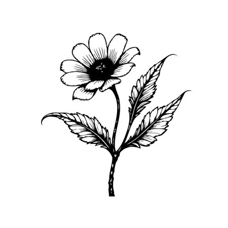 A detailed black and white botanical illustration of a flower with leaves. The style is reminiscent of vintage engravings, suitable for elegant and artistic designs.のイラスト素材