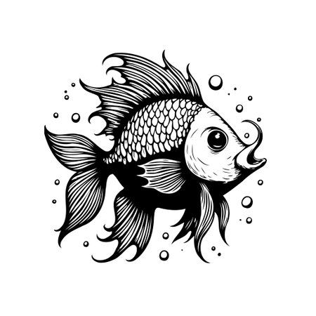 A captivating black and white stylized illustration of a goldfish, showcasing intricate details and artistic flair. The image evokes a sense of wonder and beauty.のイラスト素材