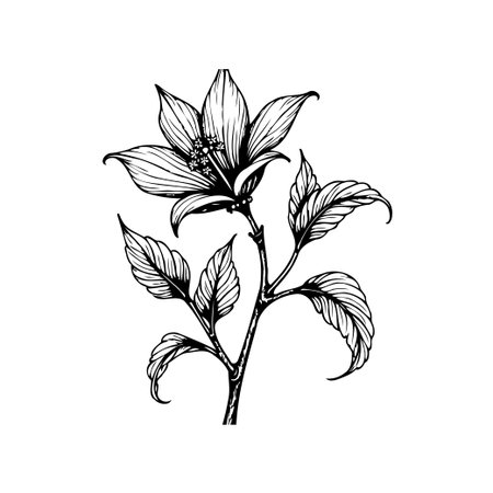 A refined botanical illustration presents a lily in full bloom, complemented by delicately detailed leaves and branches, sketched in classic black and white for timeless elegance.のイラスト素材