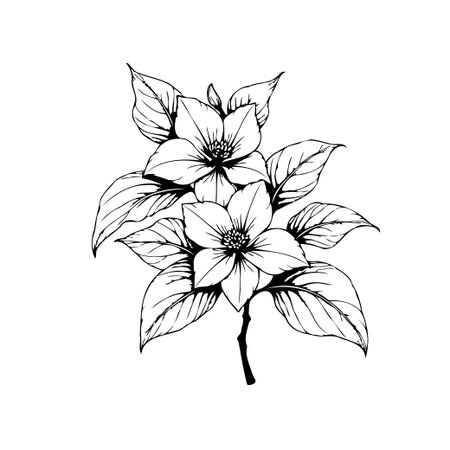 A beautiful floral illustration showcases dogwood blossoms and leaves in a simple design. The artwork captures the flower's beauty with a touch of timeless elegance and nature's charm.のイラスト素材