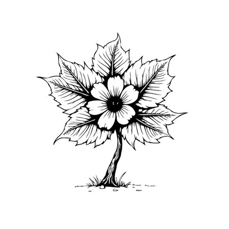 A detailed black and white botanical illustration showcases a flower perfectly centered on a uniquely shaped leaf that resembles a tree with grass below, adding a touch of nature's beauty to any project.のイラスト素材