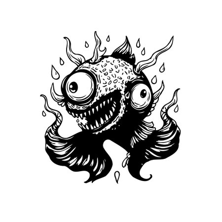 A black and white whimsical sea monster with exaggerated features. Perfect for children's illustrations, cartoons, or fantasy themed designs. Featuring a funny and cute design with spooky elements.のイラスト素材